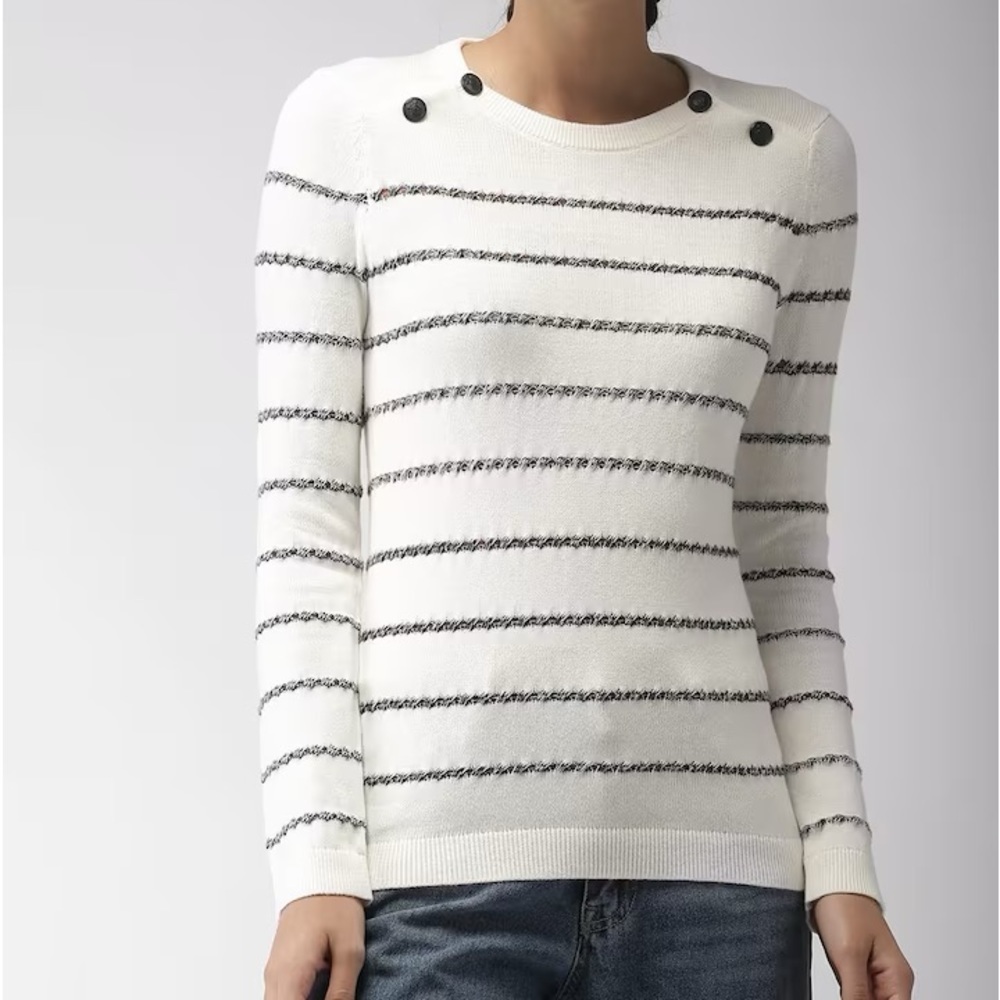 Tommy Hilfiger White striped Pull Over Sweater Button Detail M Coastal Nautical